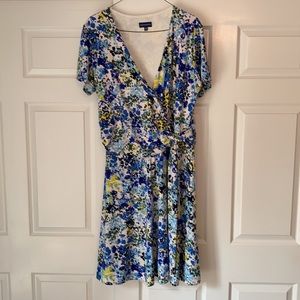 TravelSmith blue floral faux wrap dress.